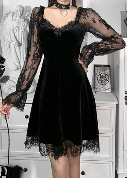 Goth Women Gothic Black Dress Dark V Neck Grunge Sexy Dress Aesthetic Autumn Vintage Long Sleeve Harajuku Mini Dress