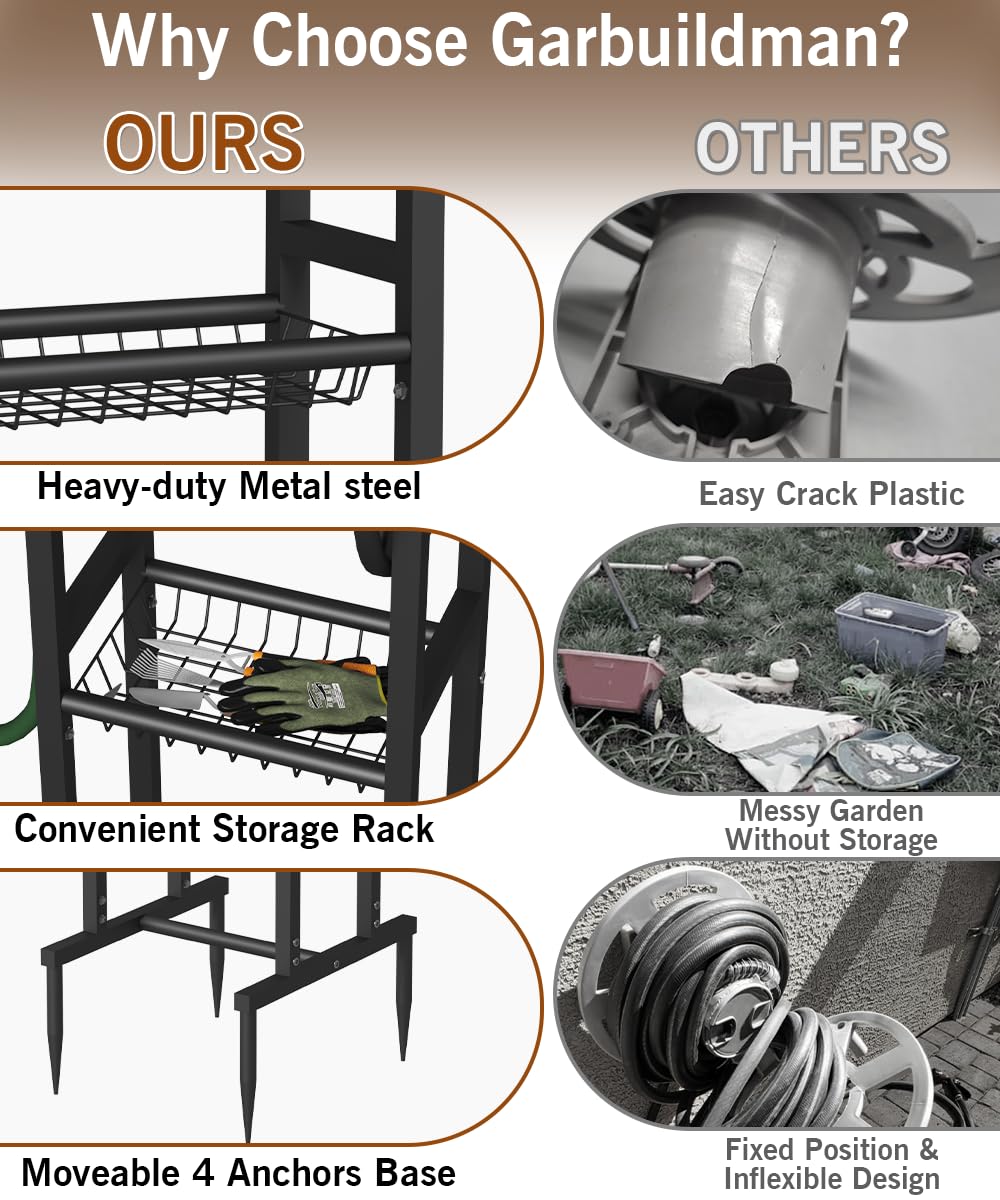 Garbuildman Ground Mount Garden Hose Reel Holds 125 Feet of 5/8-Inch with 3.9 ft Leader Hose, Brass Fitting, Water Hose Holder Stand with Storage Rack & 4 Spikes Base for Outdoor Lawn, Black