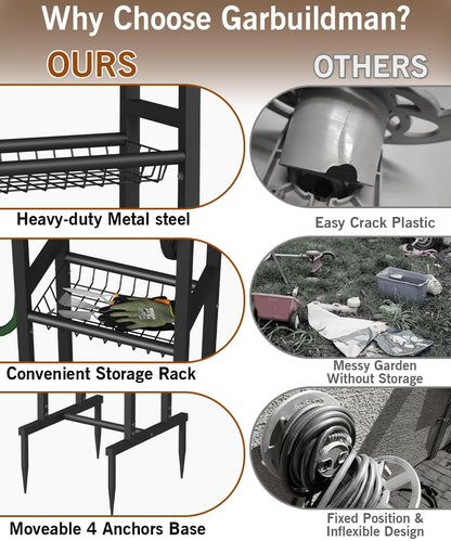 Garbuildman Ground Mount Garden Hose Reel Holds 125 Feet of 5/8-Inch with 3.9 ft Leader Hose, Brass Fitting, Water Hose Holder Stand with Storage Rack & 4 Spikes Base for Outdoor Lawn, Black