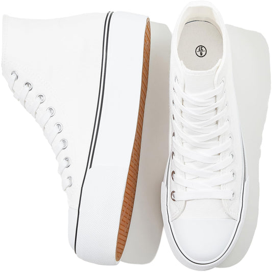 FRACORA Womens High Top Canvas Shoes White Black Platform Sneakers Lace Up Shoes for Women(White,US9)