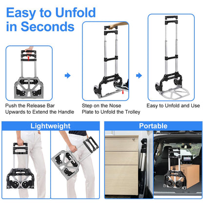Folding Hand Truck Aluminum Portable Folding Hand Cart 155lbs Capacity Hand Cart and Dolly Ideal for Home, Auto, Office, Moving, Travel, Shopping