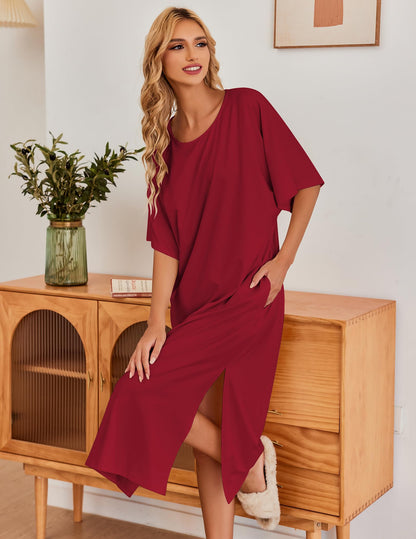 Ekouaer Womens V-Neck Cotton Nightgown Oversized Loose Fit Long Sleep Dress Purplish Red XX-Large