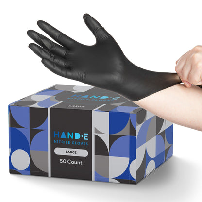 Hand-E Touch Black Nitrile Disposable Gloves Large, 50 Count - BBQ, Tattoo, Hair Dye, Cooking, Mechanic Gloves - Powder and Latex Free - Tattoo Supplies