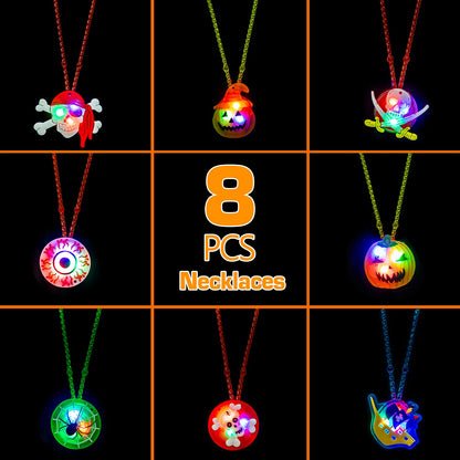 Halloween Party Favors for Kids, 68 PCS LED Flash Rings Light Up Necklaces & Brooches for Party Decorations, Glow in the Dark Halloween Party Supplies Non Candy Halloween Treats Goodie Bag Fillers
