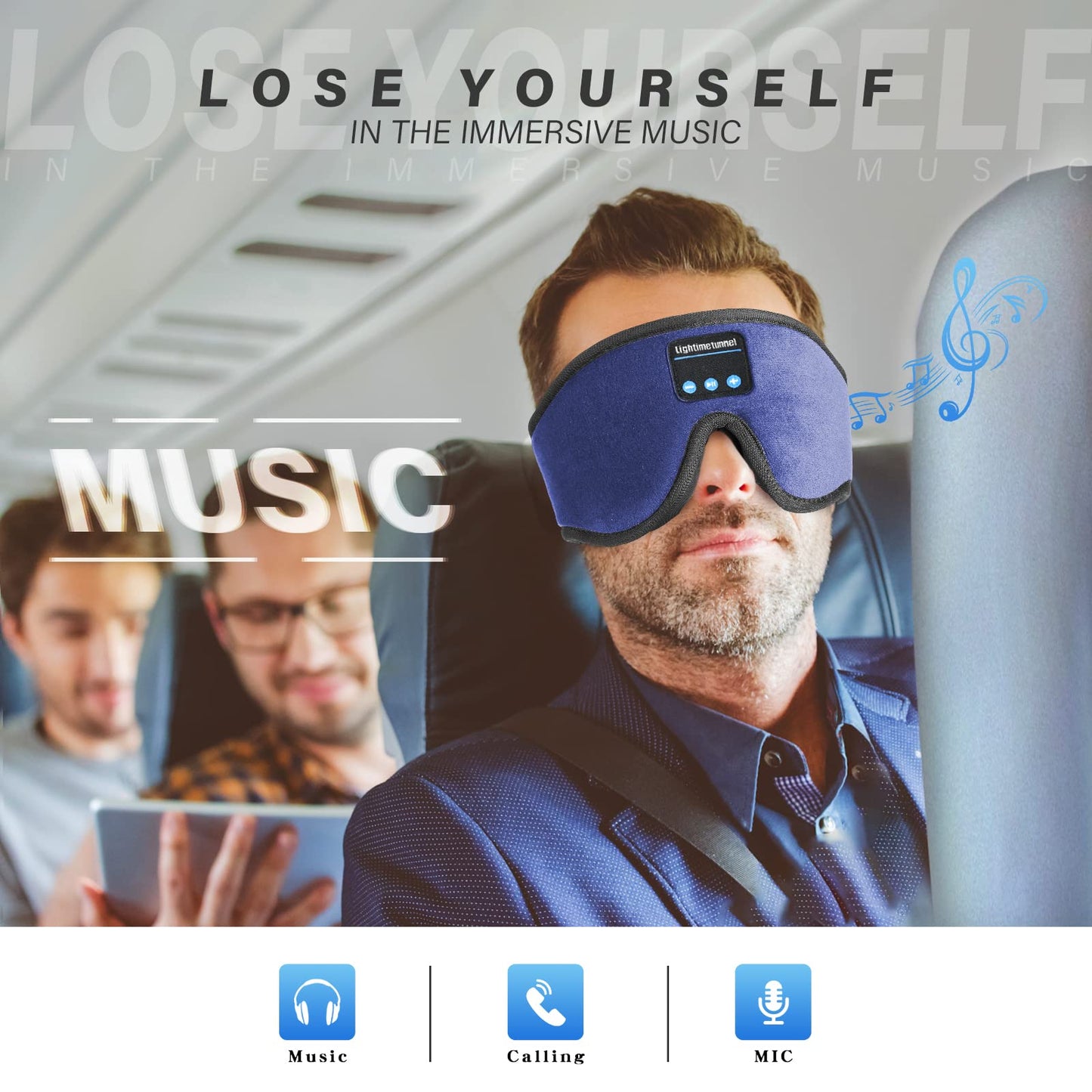 LIGHTIMETUNNEL Sleep Headphones, 3D Bluetooth Sleep Mask, Washable Sleeping Headphones with Ultra Thin Stereo Speakers Microphone Hands Free for Insomnia Travel Blue Color