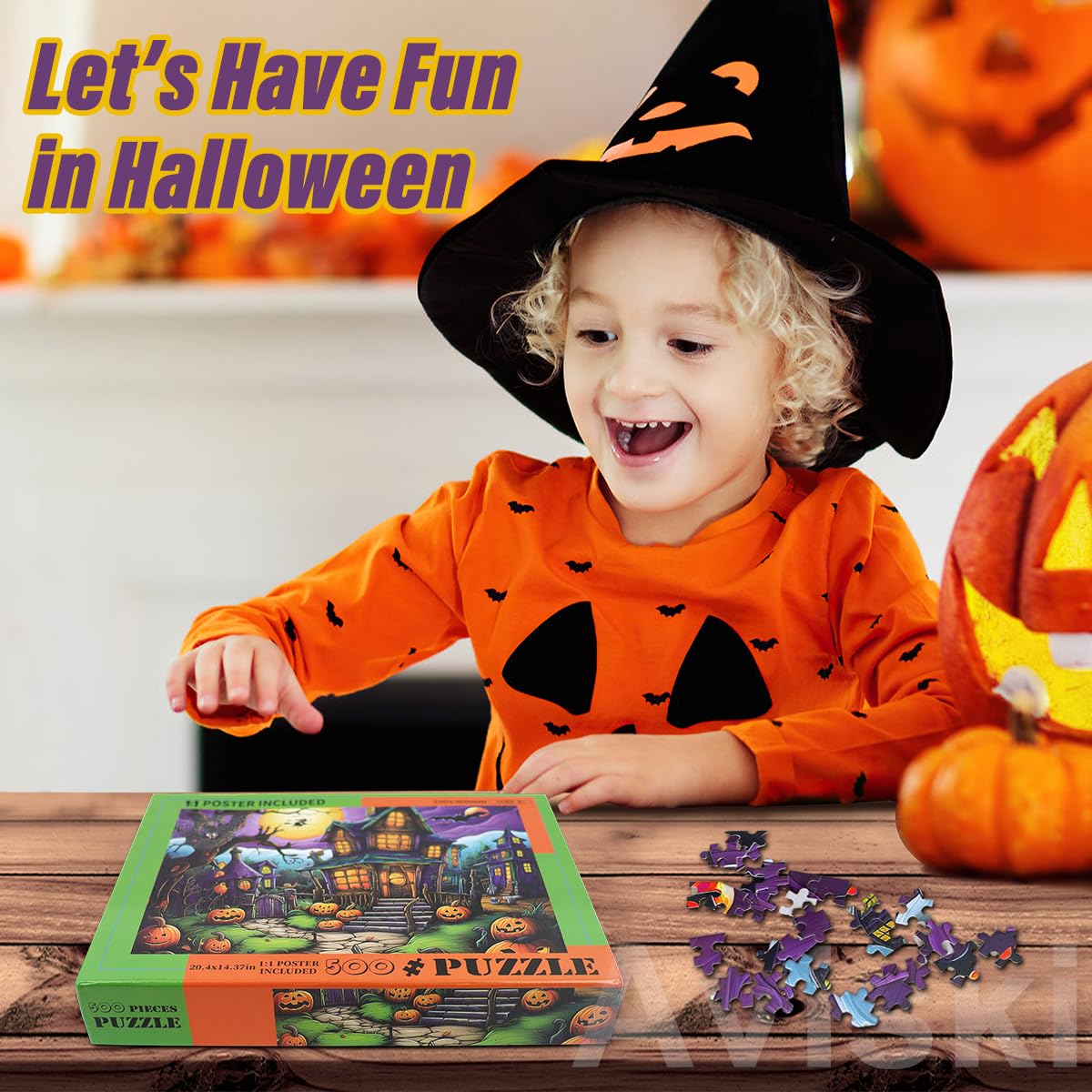 Halloween Jigsaw Puzzles with 1:1 Reference Poster, 20.4 × 14.4inch for Adults and Kids - 500 Pieces Puzzles, Haunted House Educational Games Gift for Elders Children Family, Friends