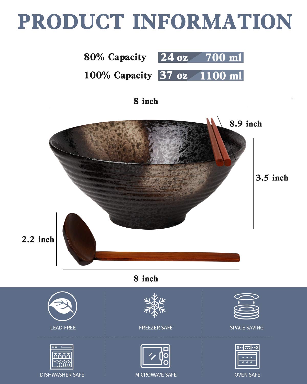 Kanwone Ceramic Japanese Ramen Bowl Set, Noodle Soup Bowls - 37 Ounce, with Matching Spoons and Chopsticks for Udon Soba Pho Asian Noodles, Set of 2, Black