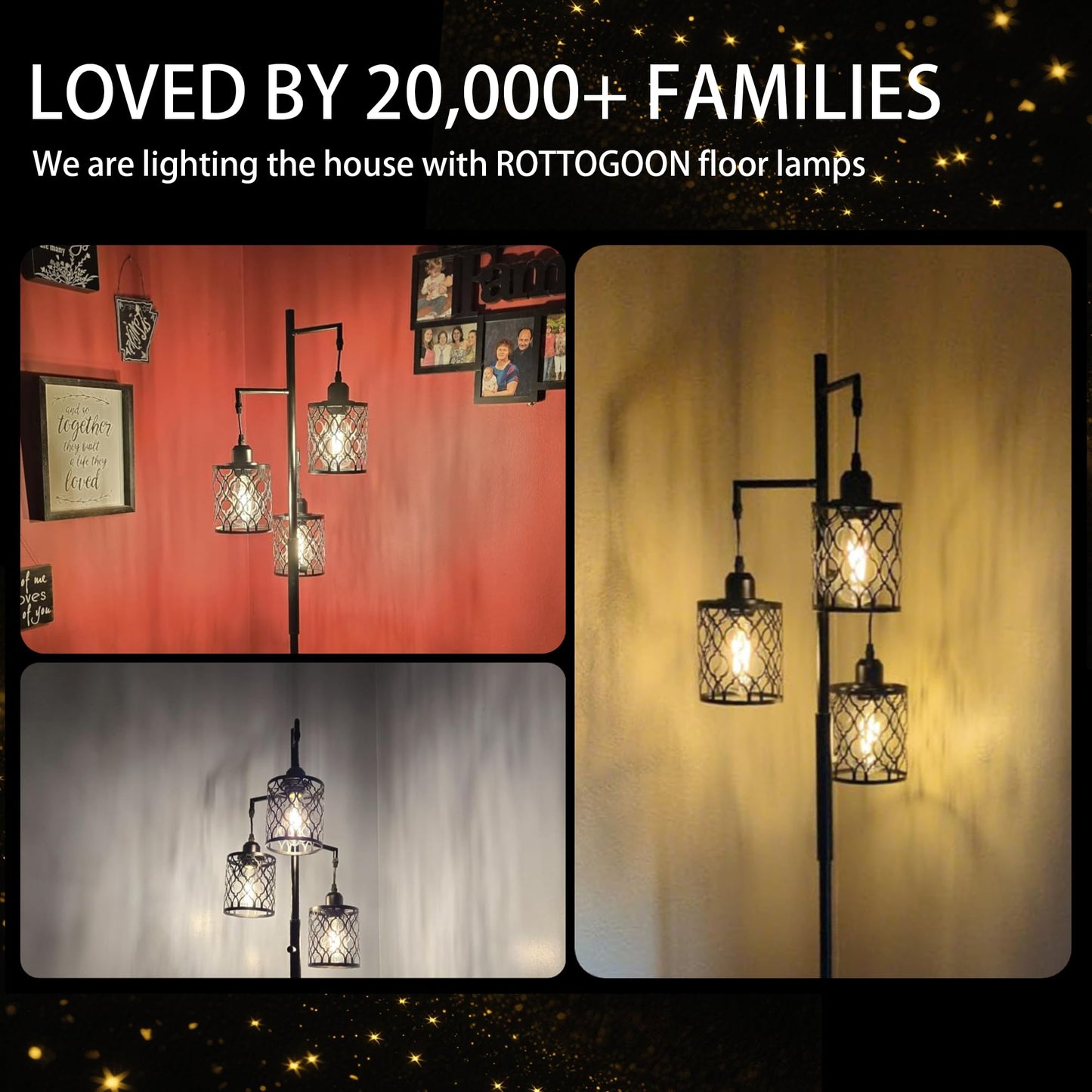 Dimmable Farmhouse Floor Lamp, Industrial Floor Lamp for Living Room with 3 X 6W LED Bulbs, 3 Light Rustic Standing Tall Lamp for Bedroom, Office, 68"