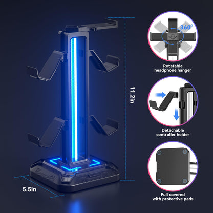 KDD RGB Headset Stand with 9 Light Modes - Controller Holder for Desk - Rotatable Headphone Stand & Detachable Controller Hook for PC Earphone Accessories(Black)