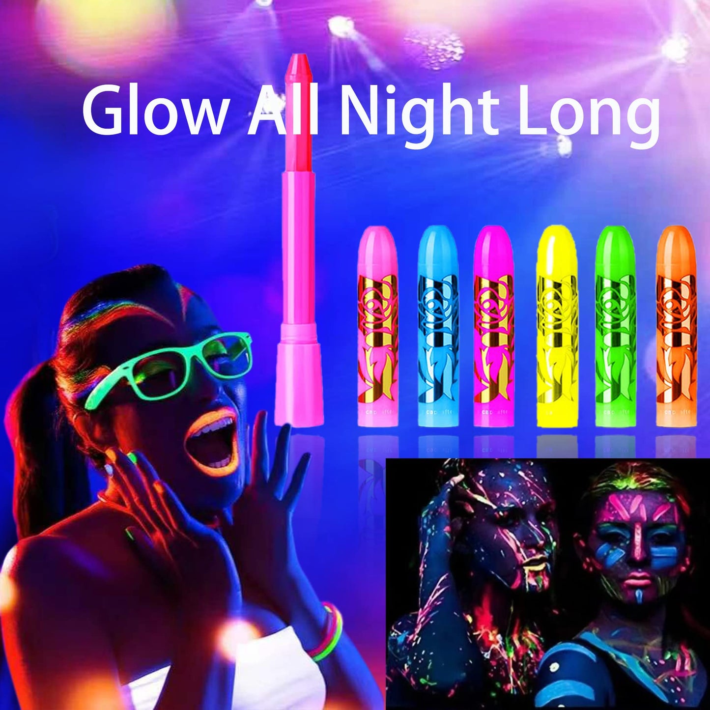 12 PCS Glow Face Body Paint, Glow In The Dark Under UV Black Light Sticks Makeup Neon Face Painting Kits for Adult Halloween Festival Accessory Glow Party Supplies