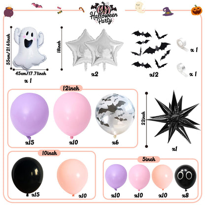 Jobkoo Halloween Balloon Garland Arch Kit, Black Purple Pink Halloween Baby Shower Latex Balloons with 3D Bat Ghost Witch Mylar Foil Balloons Set for Happy Halloween Birthday Decoration Indoor Outdoor