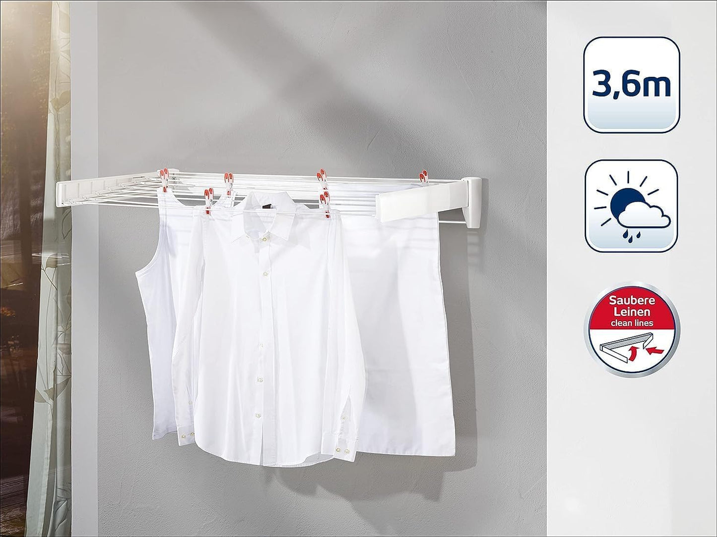 Leifheit Telegant Wall Dryer, Foldable Outdoor and Indoor Drying Rack, Wall Mounted Clothesline, Space Saving Laundry Drier for Clothes, Towels (Colour: White) 3.6 m 83201-6