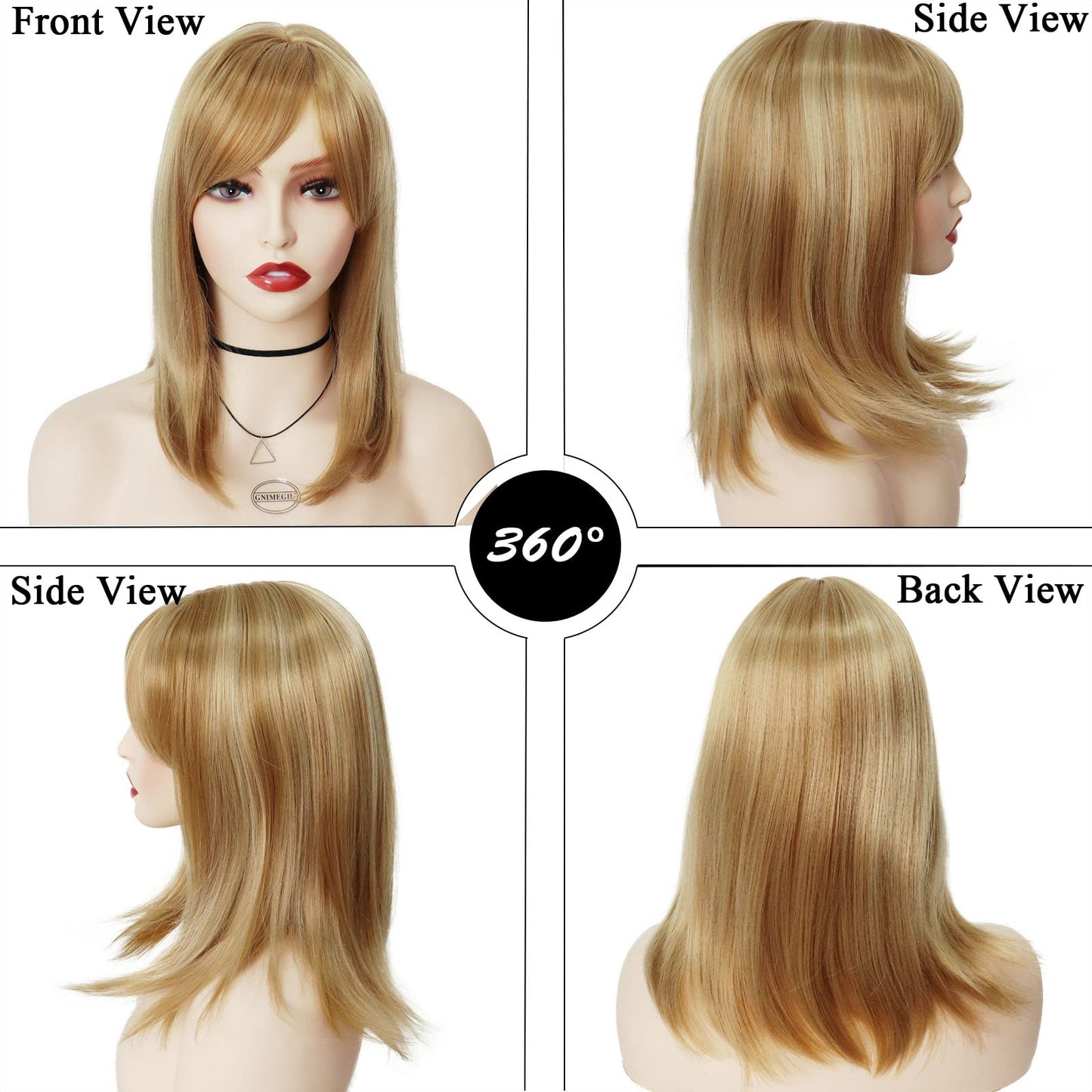 GNIMEGIL Wigs Strawberry Blonde Wig with Bangs Synthetic Hair Full Natural Hairstyle Straight Medium Length Bob Cut Halloween Costume Wigs for Women Cosplay Wig Honey Blond