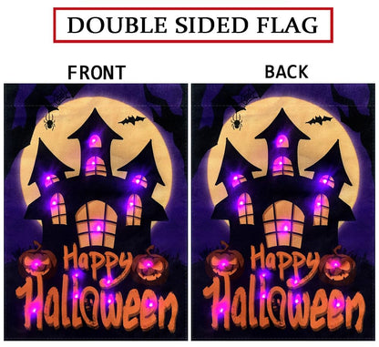 Happy Halloween Garden Flag LED Lighted Vertical Double Sided Garden Flag Halloween Castle Holiday Farmhouse Outdoor Yard Lawn Decoration 12.5 x 18 Inch
