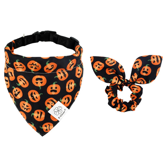 E-Clover Halloween Dog Collar - Pumpkin Dog Collar Bandana & Matching Scrunchie Adjustable Dog Collars Girl Boy for XS Small Dogs Puppy Owner Gift