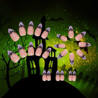 Halloween Bat Press on Nails for DIY Manicure Glossy Purple French Tips 24Pcs Acrylic Medium Almond False Nails Gel Glue on Nails Evil Bats Fake Nails Stick on Nails for Women Girls French Tips Design