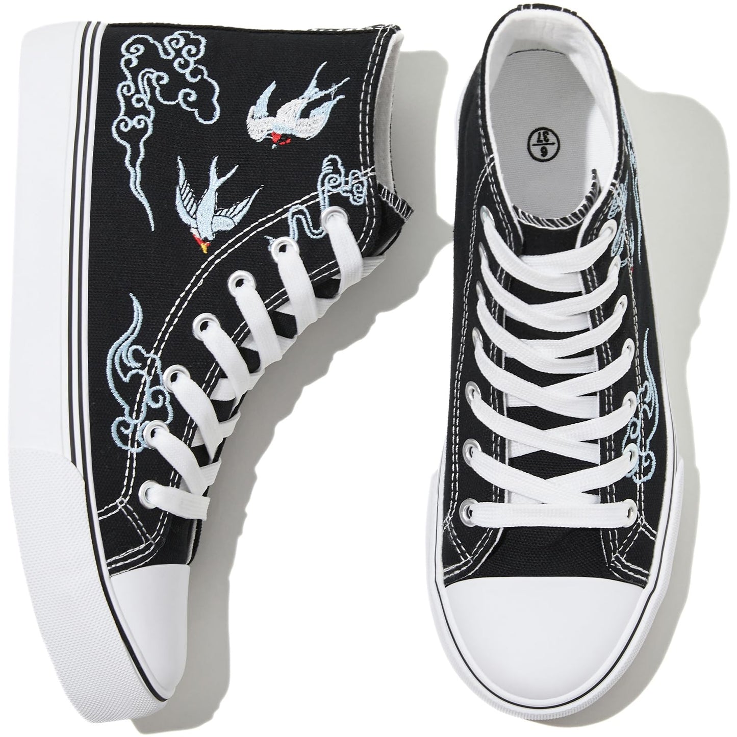 kufeiti Women's Embroidered High Top Canvas Sneaker Black Lace-up Comfortable Casual Fashion Sneaker(Black Lucky, US9)