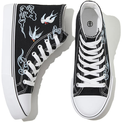 kufeiti Women's Embroidered High Top Canvas Sneaker Black Lace-up Comfortable Casual Fashion Sneaker(Black Lucky, US9)
