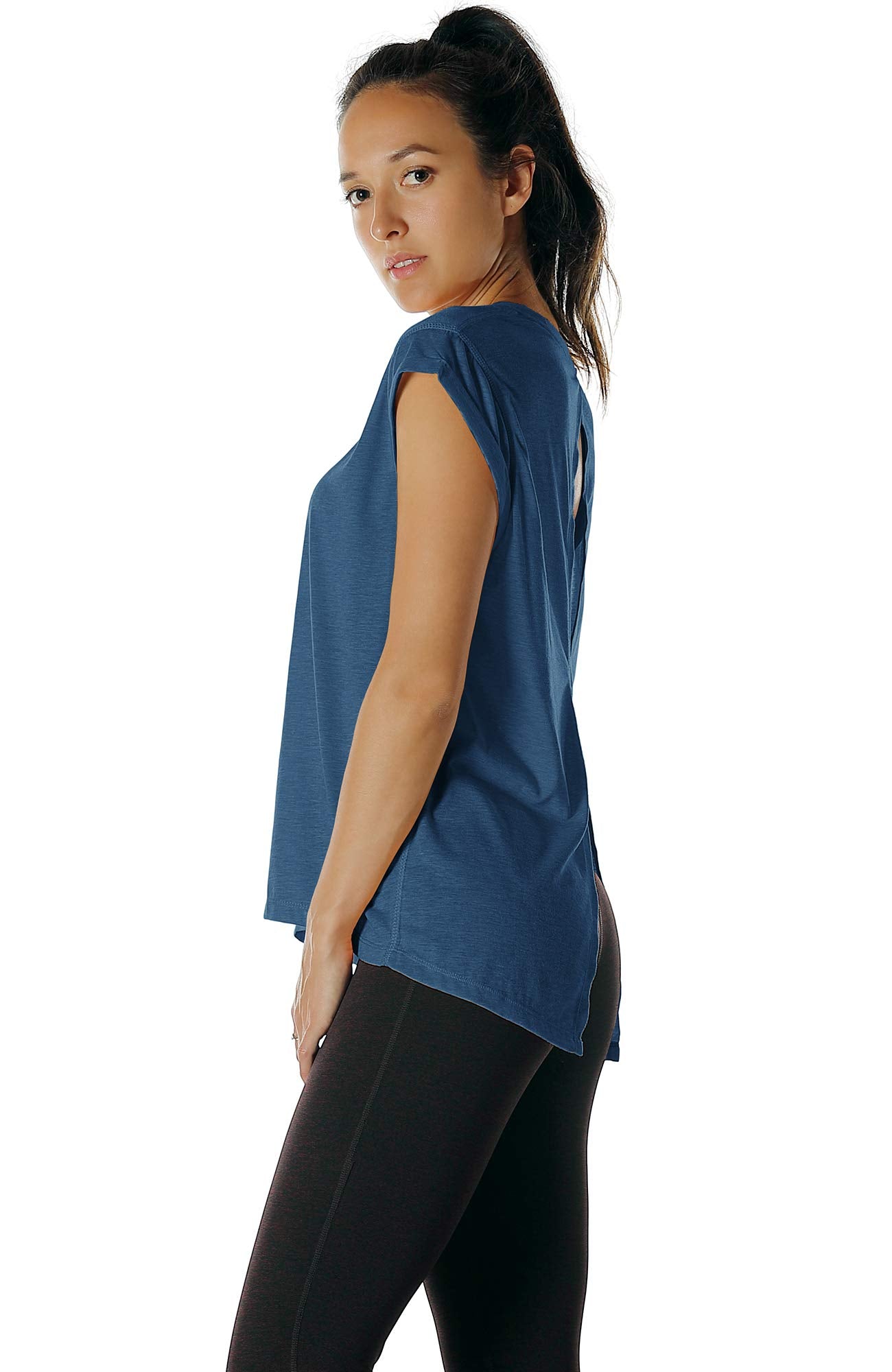 icyzone Open Back Workout Top Shirts - Yoga t-Shirts Activewear Exercise Tops for Women(Pack of 2) (S, Grey/Denim)