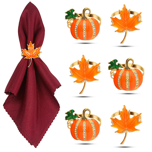 KPOSIYA Fall Napkins Rings, 6 Pcs Thanksgiving Napkin Ring Fall Maple Leaf Napkin Rings and Halloween Pumpkin Napkin Holders for Thanksgiving Table Decorations, Fall Banquet, Holiday Dinner Party