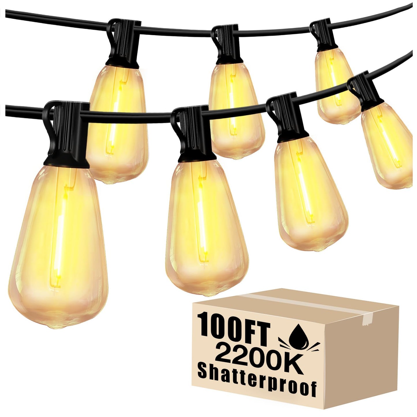 DAYBETTER Outdoor String Lights Waterproof LED Edison Outside Lights, 2200K 34 Shatterproof ST38 Bulbs, Hanging Umbrella Lite for Garden Camping Patio Porch Backyard Deck Balcony