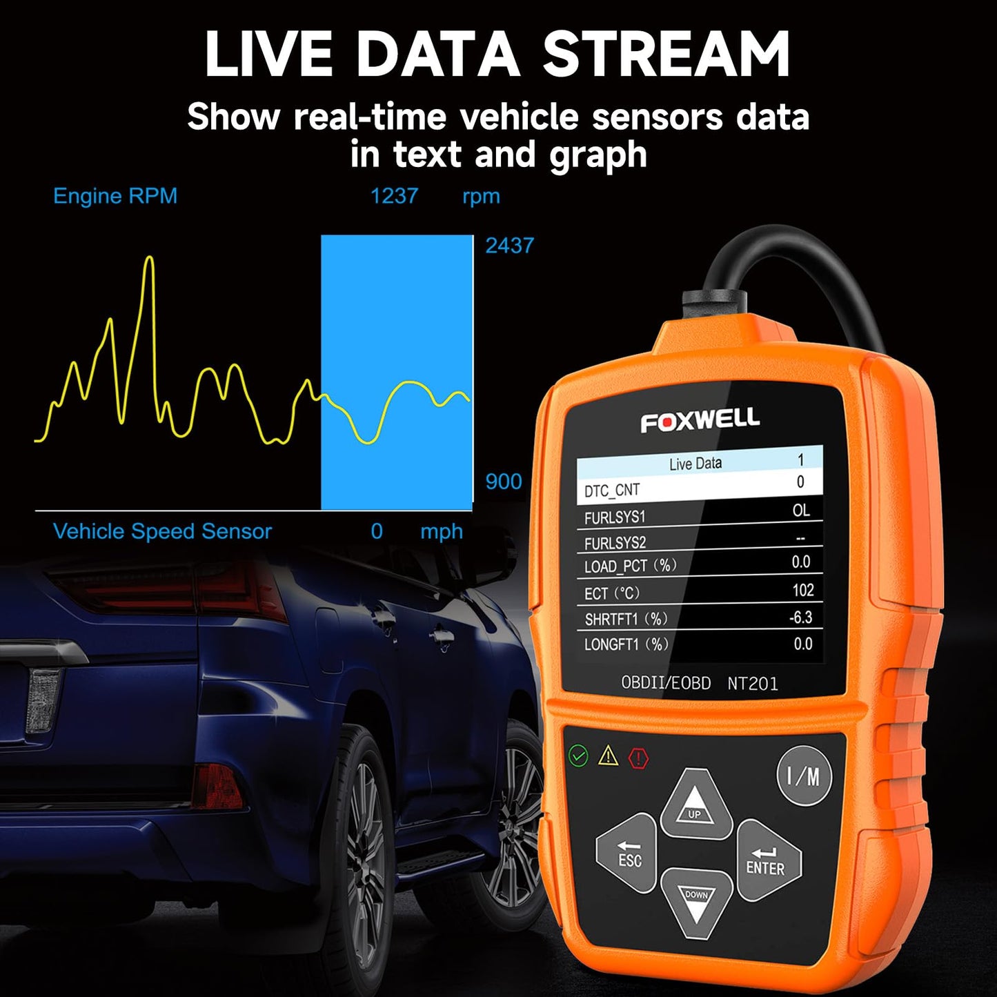 FOXWELL NT201 OBD2 Scanner Code Reader for Cars and Trucks Check Engine Light, Read and Clear Fault Codes, Live Data Diagnostic Tool for All Cars After 1996