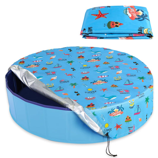 Docuwee Round Dog Pool Cover 71", Foldable Kiddie Solar Cover Fit Dog Collapsible Swimming Pool, Pets Kids Bath Tub, Anti-UV Dustproof Safety Pool Covers, Summer Beach Patterns