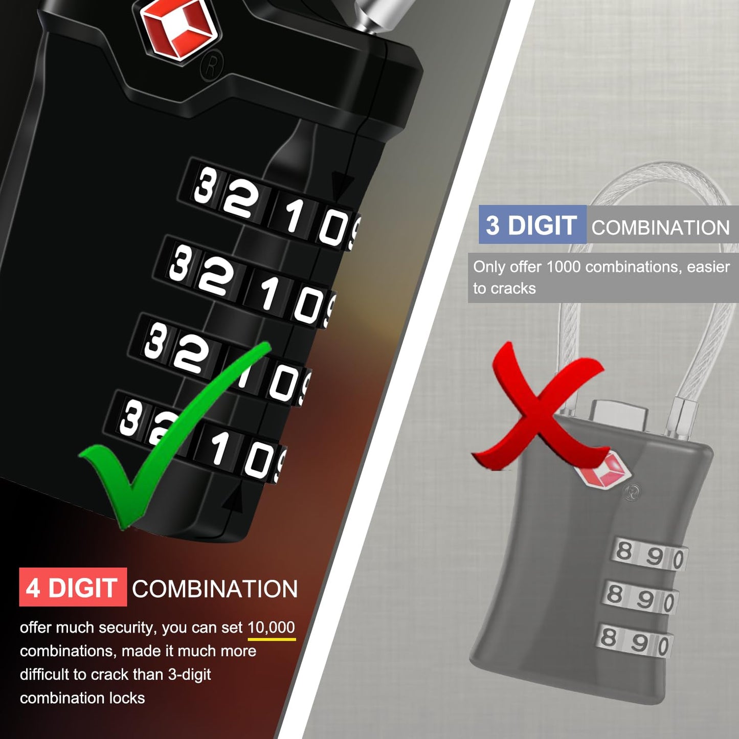 2 Packs TSA Luggage Locks with 14cm Flexible Cable, Diyife 4-Digit Combination Lock Security Padlock Travel Lock for Suitcase Luggage Backpack School or Gym Cabinet, etc. (Black & Sliver)