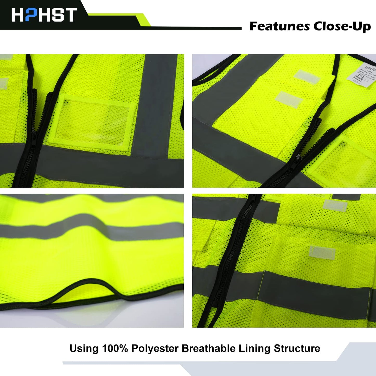 HPHST High Visibility Cycling Vest for Men and Women with Zip Reflective Vest Work Vest Yellow