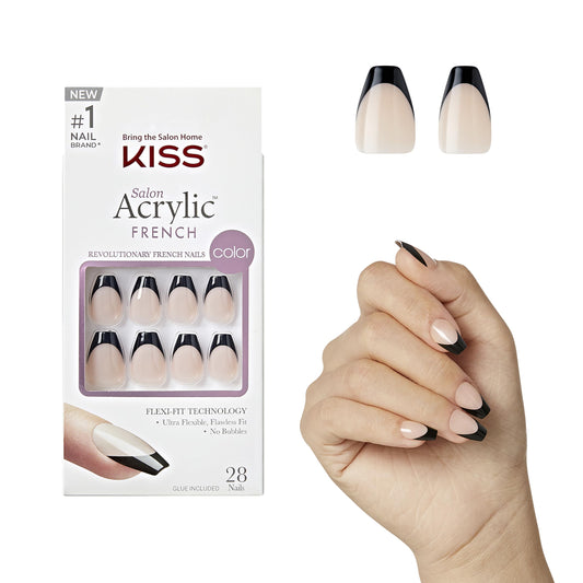 KISS Salon Acrylic, Press On Nails, Nail glue included, 'Flame', Dark Black, Short Size, Coffin Shape, Includes 28 Nails, 2g glue, 1 Manicure Stick, 1 Mini File