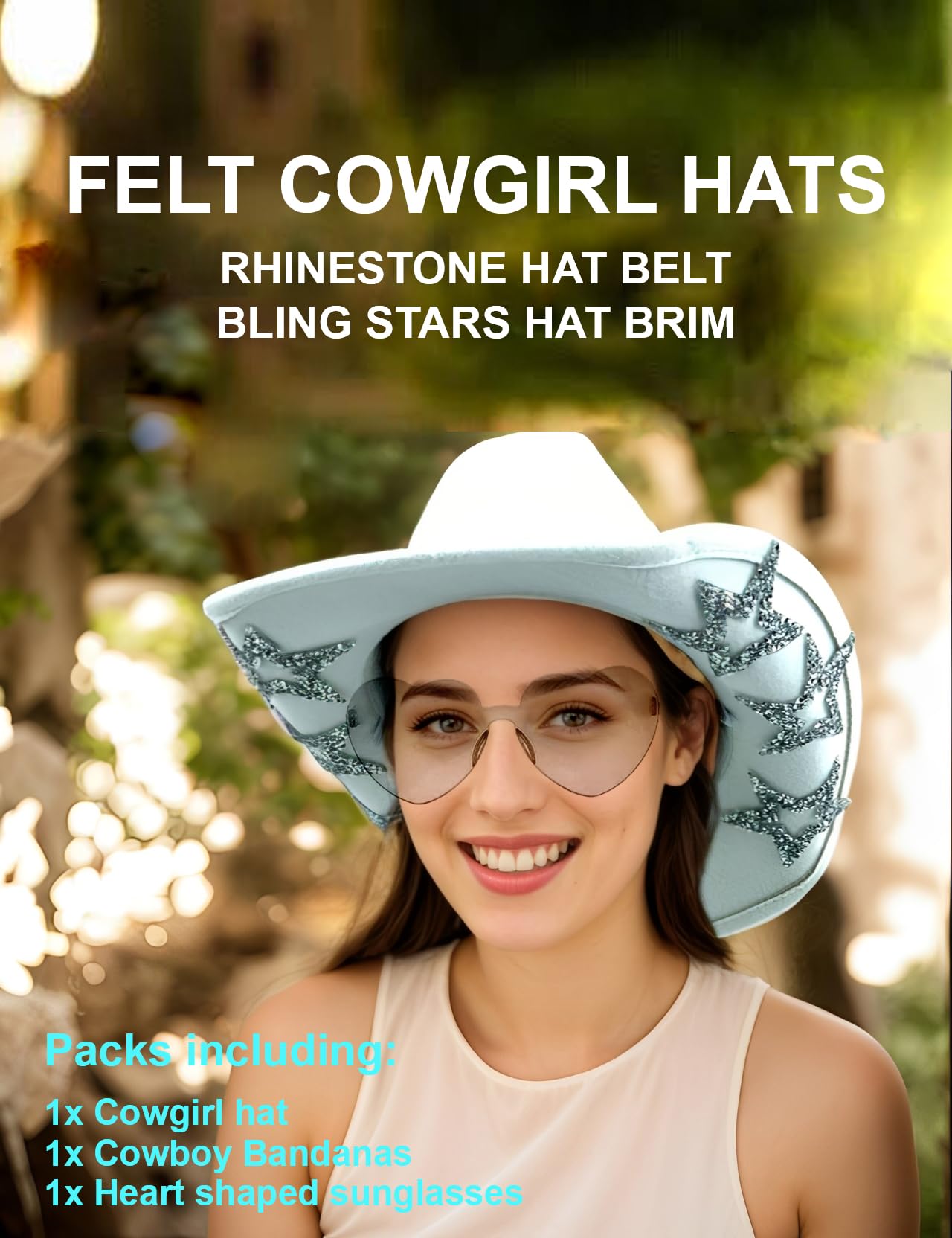 JICASTO Cowboy Hat for Women Men 6 Sparkly Stars Brim & Rhinestone Belt Western Cowgirl Hat with Sunglasses Bandanas (US, Alpha, One Size, Hot Pink)