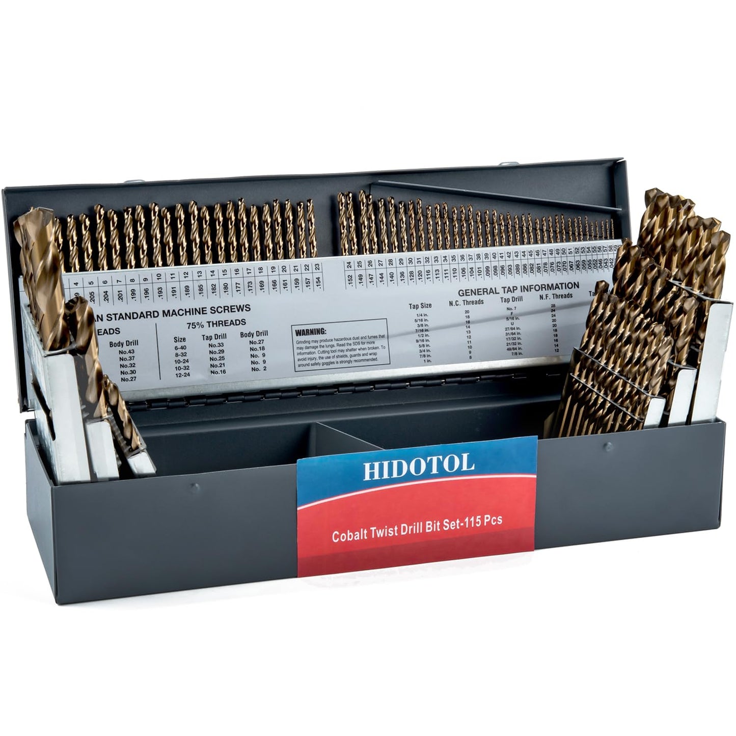 HIDOTOL 115PCS Cobalt Drill Bit Set M35 HSS for Hardened Steel Fractional 1/16"-1/2", Letter A - Z, Wire #1 - #60 with Indexed Metal Case