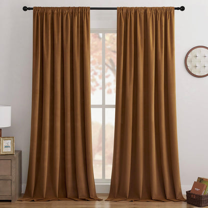 Joydeco Golden Brown 100% Blackout Curtains 90 Inch 2 Panels, Luxury Thermal Brown Velvet Curtains for Bedroom Living Room, Soundproof Blackout Window Drapes, Rod Pocket & Back Tab (52W x 90L)