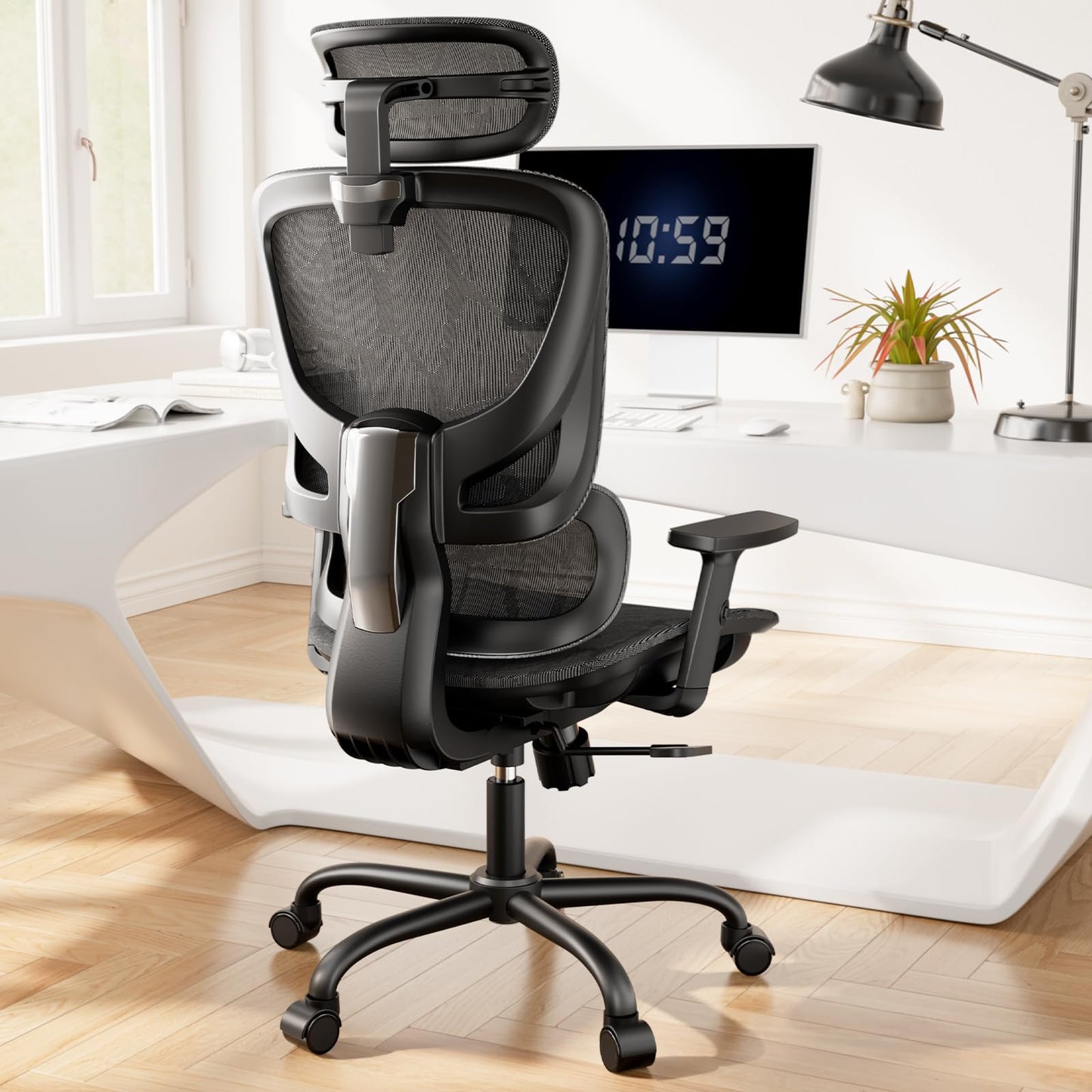 HUANUO Ergonomic Mesh Office Chair with 5-Level Lumbar Support, Computer Chair with Adjustable Headrest & Armrests, Rocking Tilt, Comfortable High Back Desk Chair for Home Office or Gaming