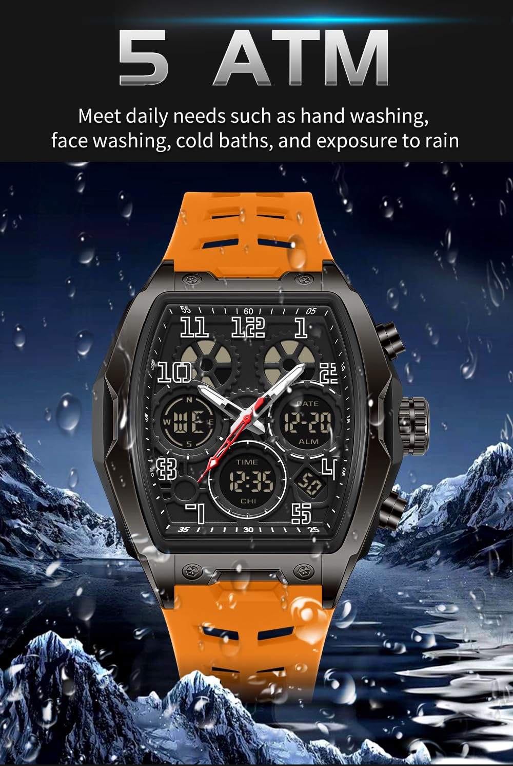 FANMIS Watch for Men Fashion Hollow Unique Rectangle Dial Wristwatch Waterproof Sport Digital Analog Dual Time Display Stopwatch Punk Cool Design Silicon Strap Dress Watch (Orange)