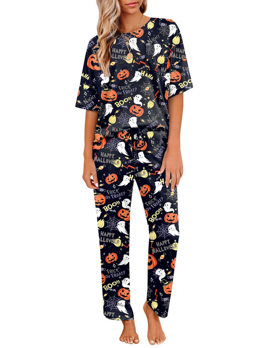 JiniGolla Women's Sleepwear Halloween Ghost Loungewear Pumpkins Pj 2 Piece Pajama Loose Lounge Set XL
