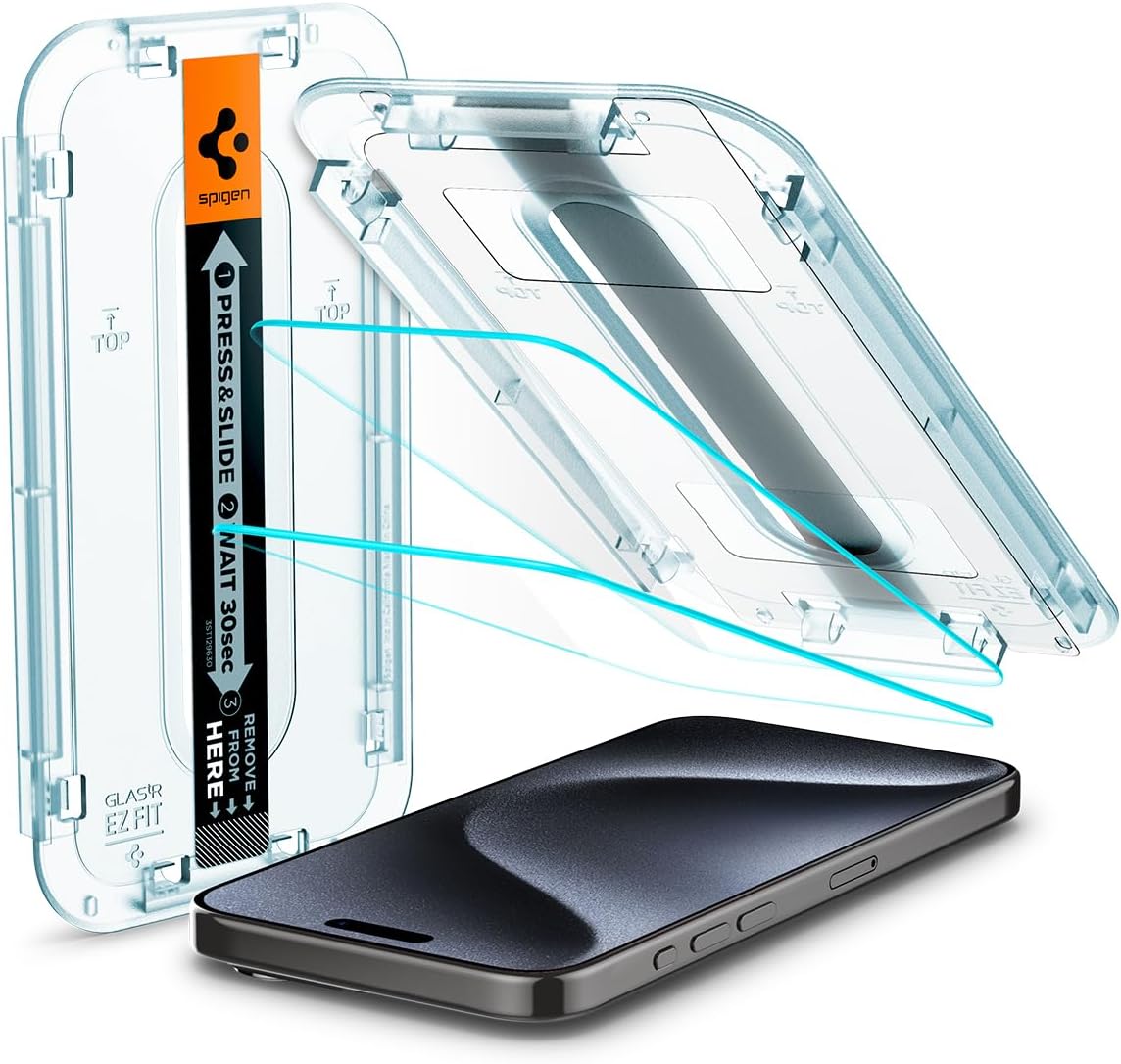 Spigen Tempered Glass Screen Protector [GlasTR EZ FIT] designed for iPhone 15 Pro [Case Friendly] - 2 Pack
