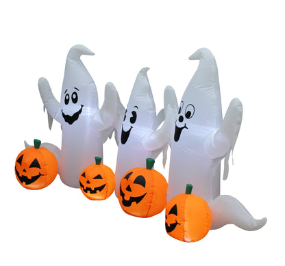6 Foot Long Lighted Halloween Inflatable Three Ghosts with Pumpkins Patch Outdoor Indoor Holiday Decorations, Blow Up LED Lights Lighted Yard Decor, Giant Lawn Inflatables for Home Family Party