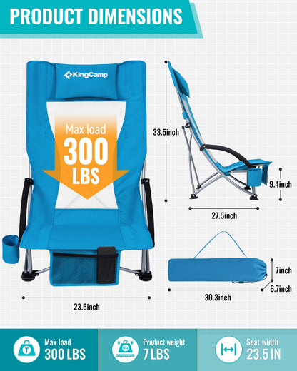KingCamp High Back Beach Chairs for Adults, Folding Beach Chair with Cup Holder Carry Bag and Mesh Back, Blue Camping Chair for Travel Lawn Outdoor Festival