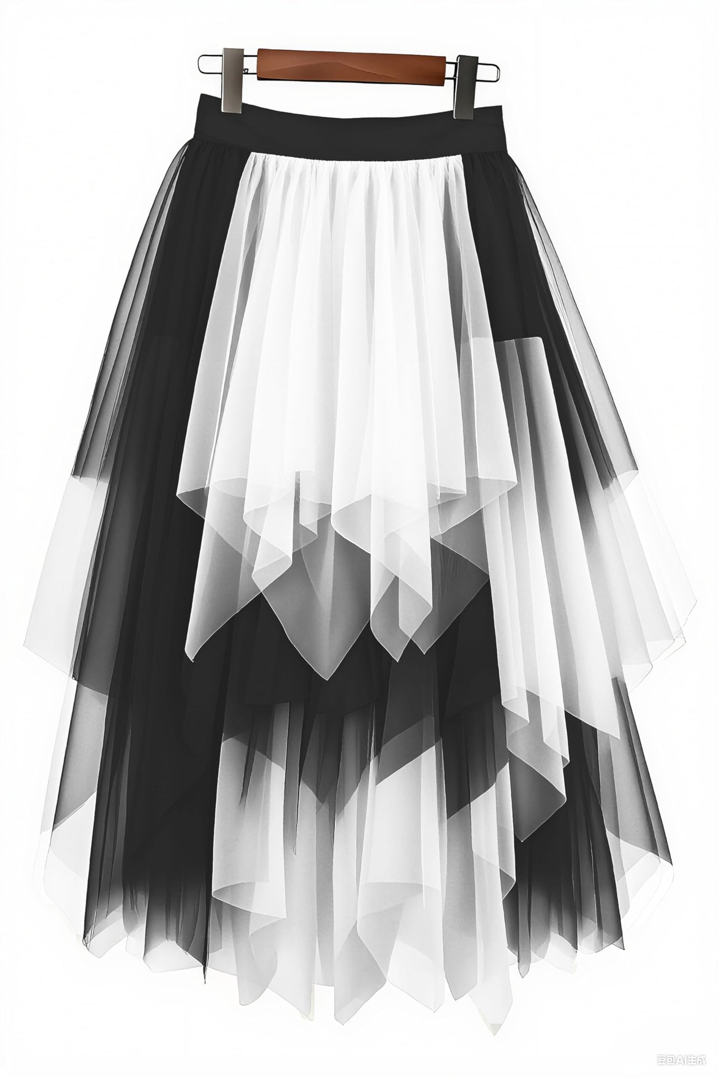 LBKKC Tulle Skirts for Women, White and Black Halloween Puffy Skirt Asymmetrical Midi Length Ruffled Tutu Layered Mesh Fairy Skirt