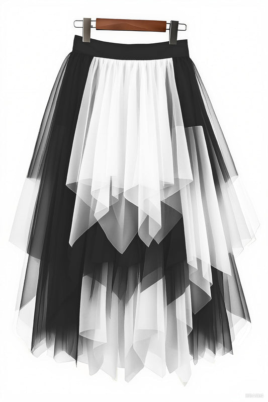 LBKKC Tulle Skirts for Women, White and Black Halloween Puffy Skirt Asymmetrical Midi Length Ruffled Tutu Layered Mesh Fairy Skirt