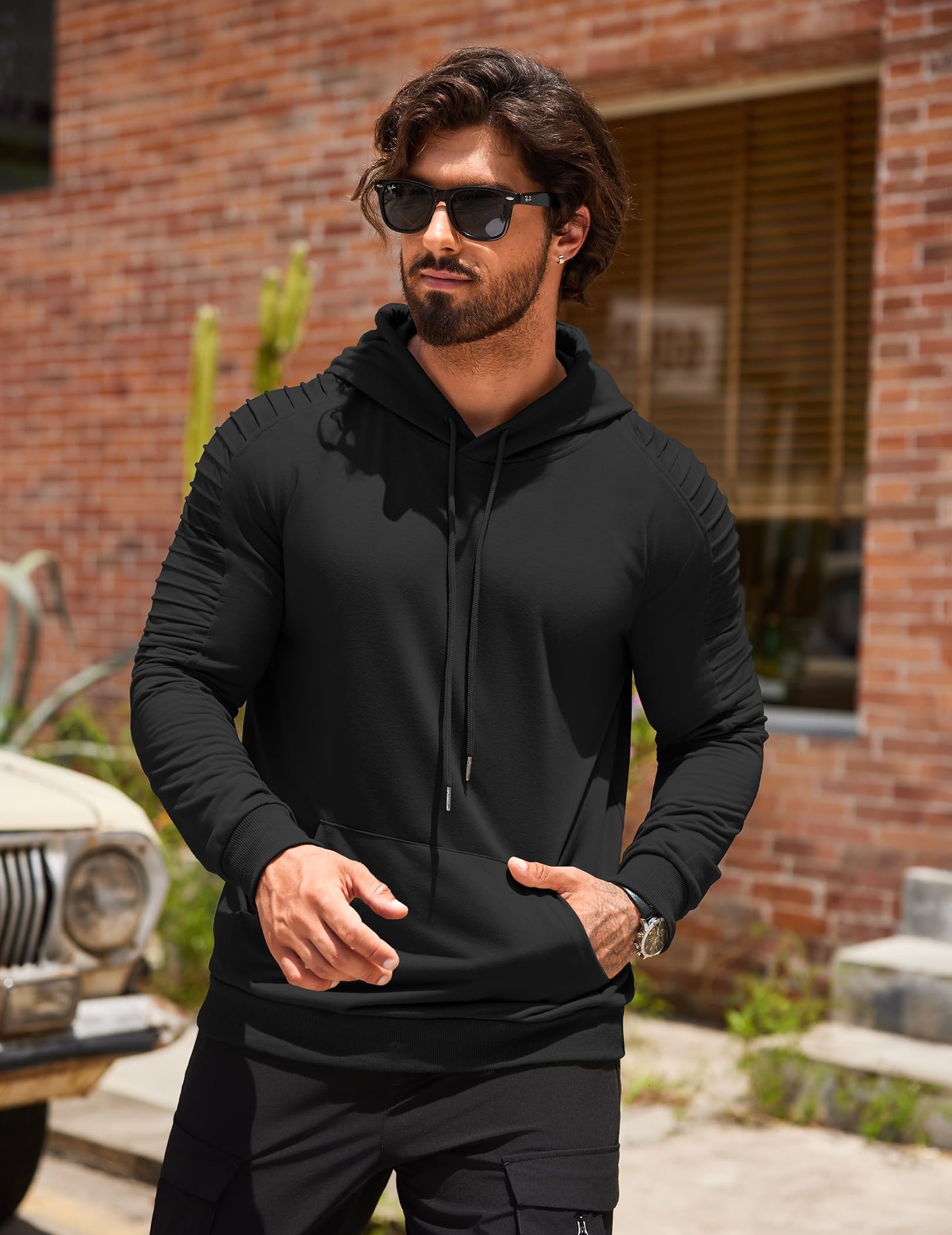 COOFANDY Mens Black Hoodie Long Sleeve Drawstring Casual Sweatshirt Workout Gym Hooded Pullover Black L