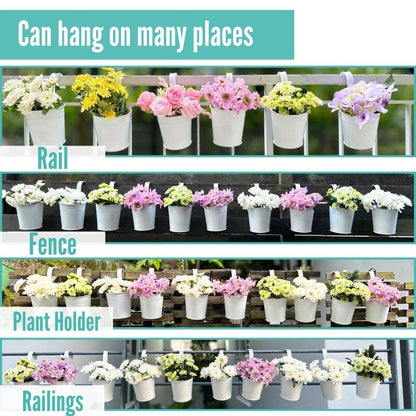 LaLaGreen Hanging Planters - 10 Pack, 4 Inch Balcony Railing Hanging Herb Garden Wall White Metal Bucket Fence Planter for Outdoor Plants Flower Pot Deck Rail Porch Window Box Hooks Macetas Colgante