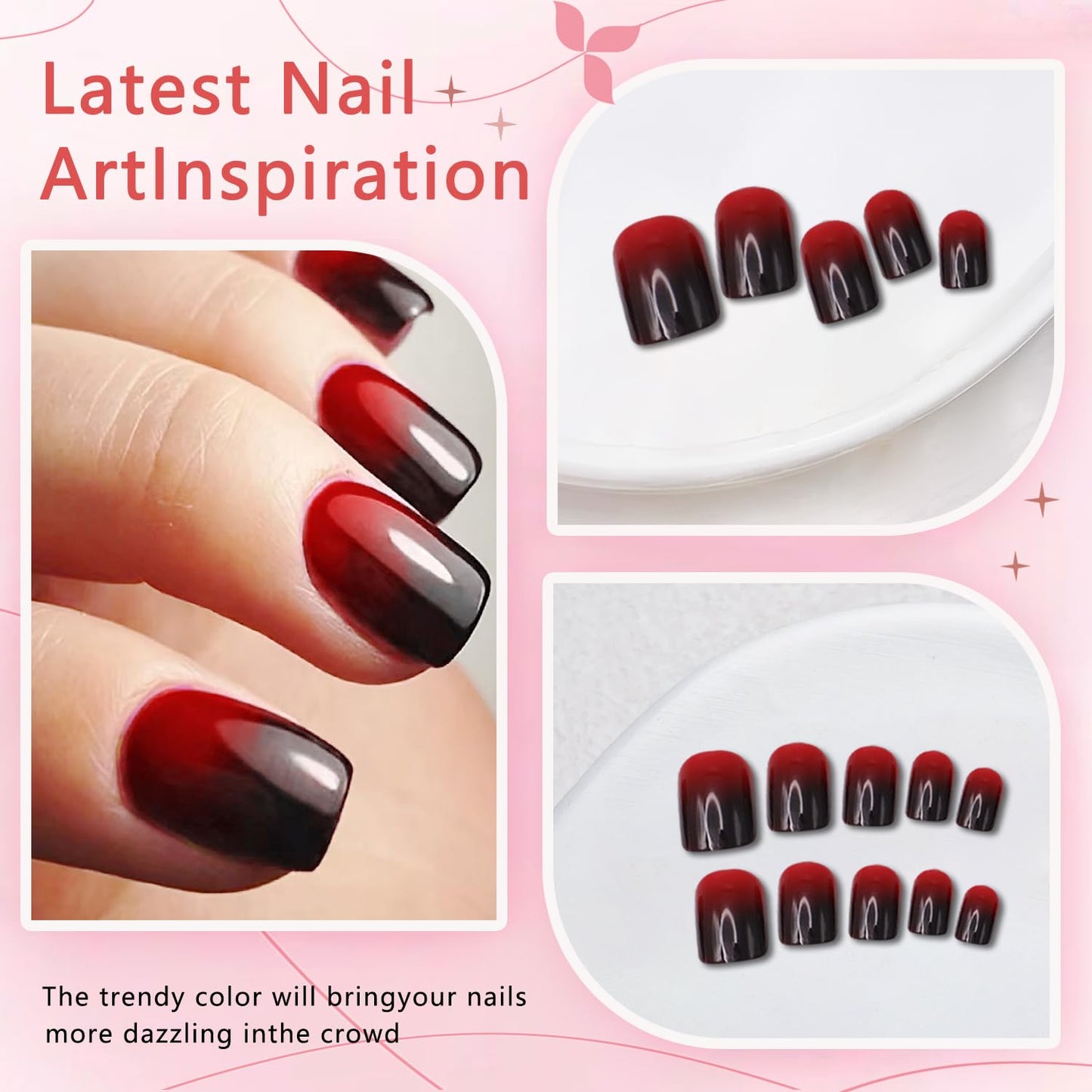 Halloween Red & Black Gradient Press on Nails Short Square Shaped False Nails Designs Glossy Reusable Fake Nails Full Cover Acrylic Nails Halloween Stick on Nails for Women DIY Manicure 24 Pcs