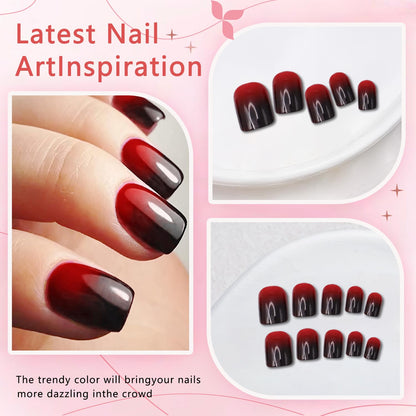 Halloween Red & Black Gradient Press on Nails Short Square Shaped False Nails Designs Glossy Reusable Fake Nails Full Cover Acrylic Nails Halloween Stick on Nails for Women DIY Manicure 24 Pcs