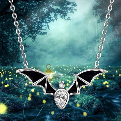 Halloween Bat Necklace for Women Sterling Silver 925 Bat Pendant Necklaces Charms Gothic Black Bats Jewelry CZ Crystal Dainty Vampire Witch Christmas Gifts