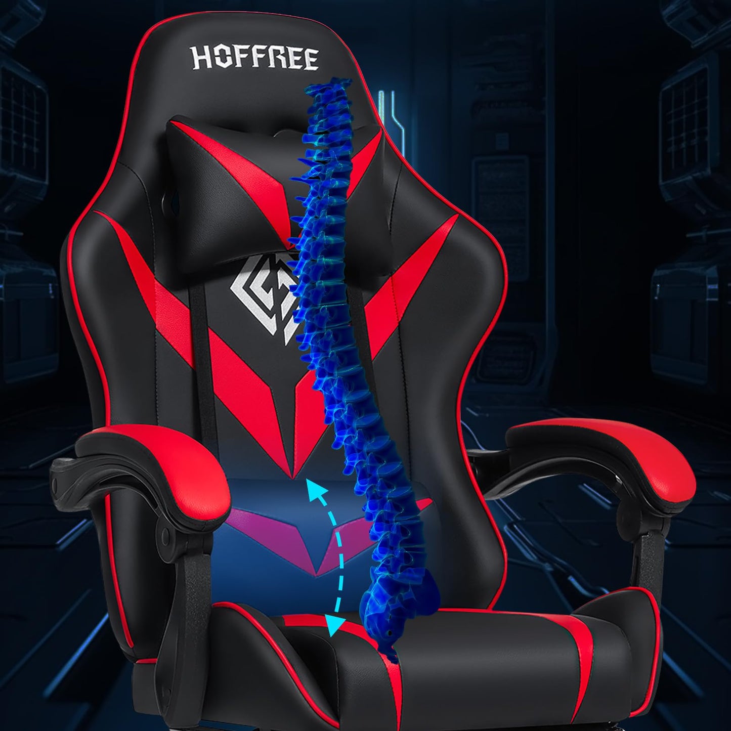 HOFFREE Massage Gaming Chair for Kids Computer Gamer Chair with Footrest and Lumbar Support Reclining PC Game Chair with Headrest for Gaming Room Red and Black