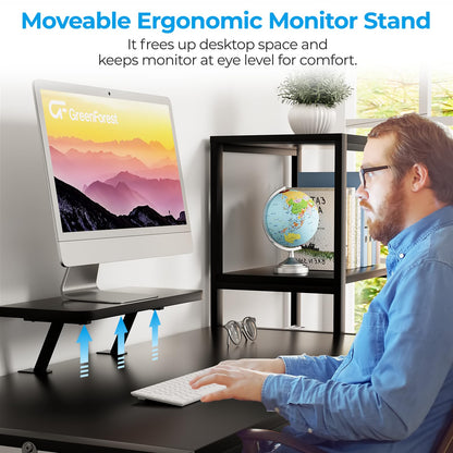 GreenForest Computer Desk 58 inch with Printer Shelf, Reversible Office Desk with Monitor Stand and 2 Hooks, Home Workstation for Study Writing Working Gaming, Black