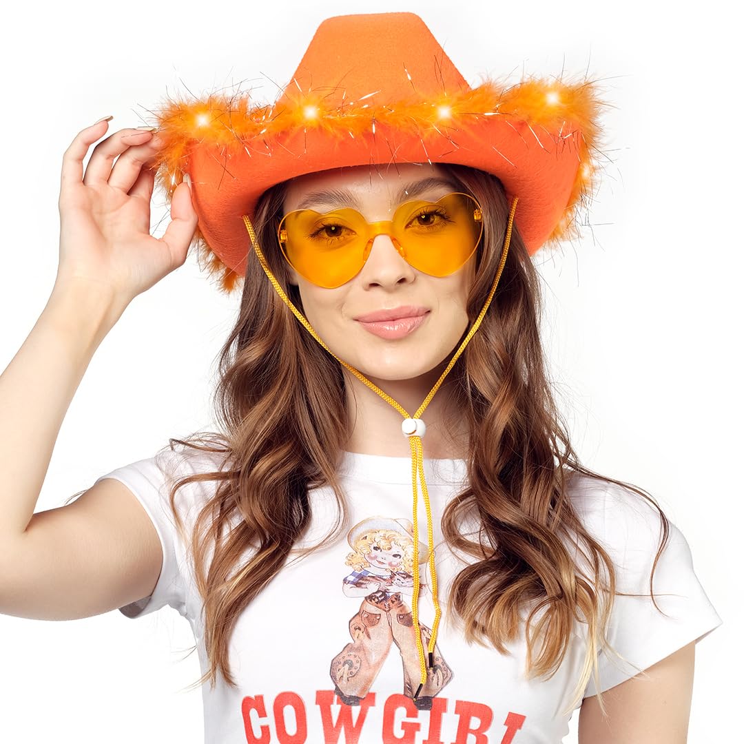 Funcredible Orange Cowboy Hat and Glasses - Light Up Cowgirl Hat for Girls - Cowboy Hats with Feathers - Halloween Hats for Women