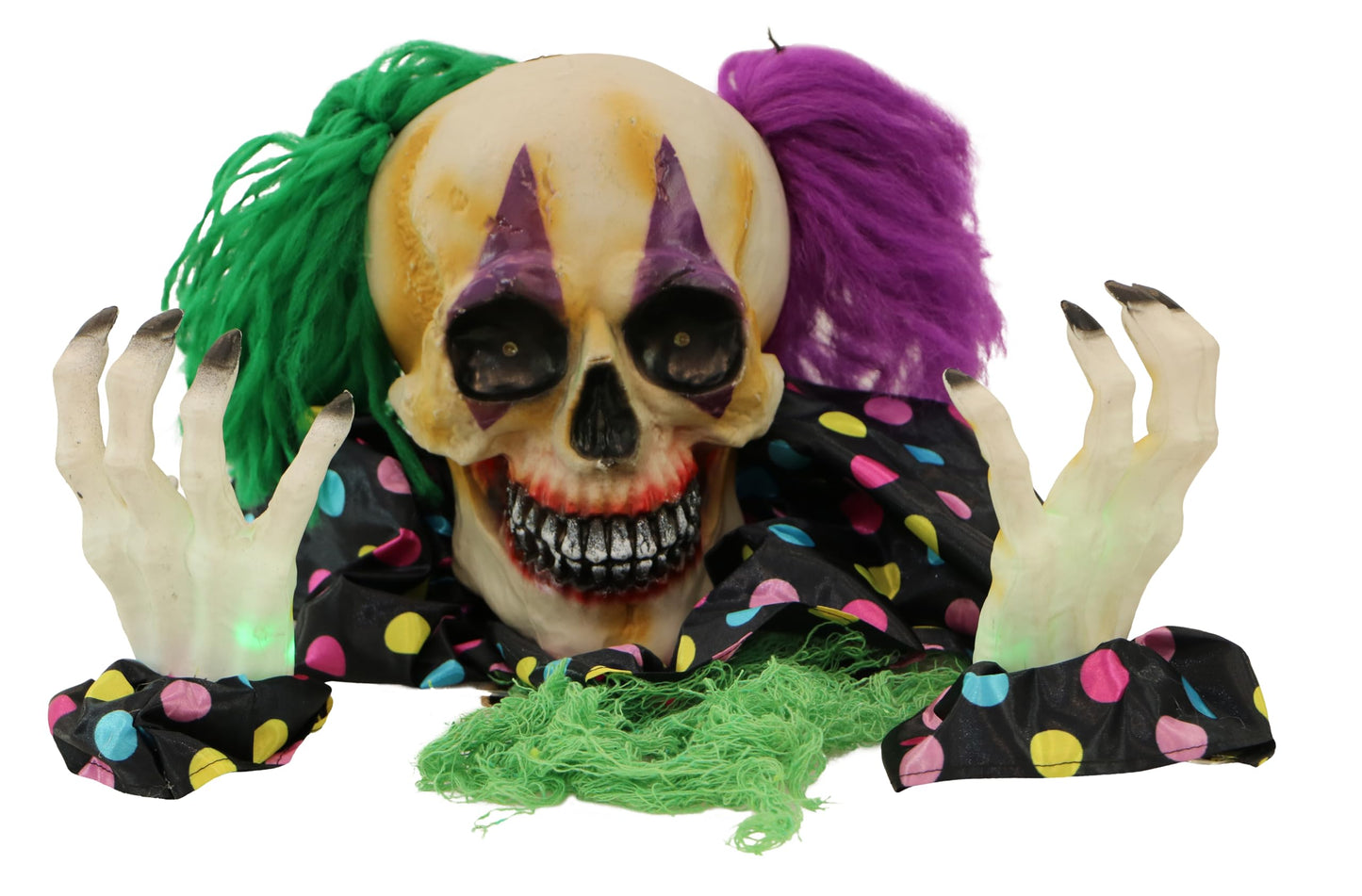 Haunted Hill Farm Scary Talking Groundbreaker Skeleton Clown Halloween Prop with Touch Activated Lights and Sounds, Battery Operated, Poseable Indoor or Covered Outdoor Halloween Decorations for Home